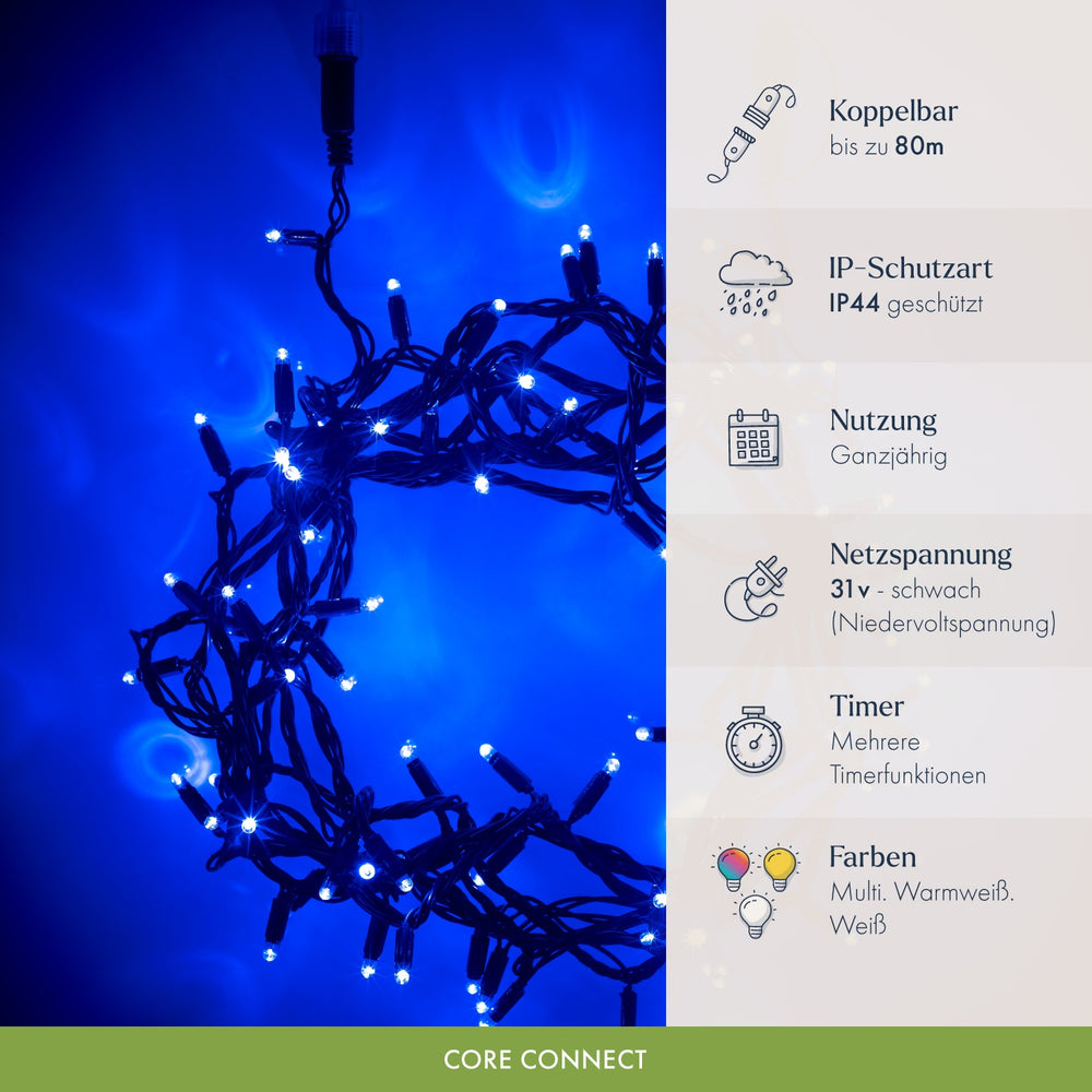 Core Connect 10m 100er LED Lichterkette blau koppelbar grünes Kabel