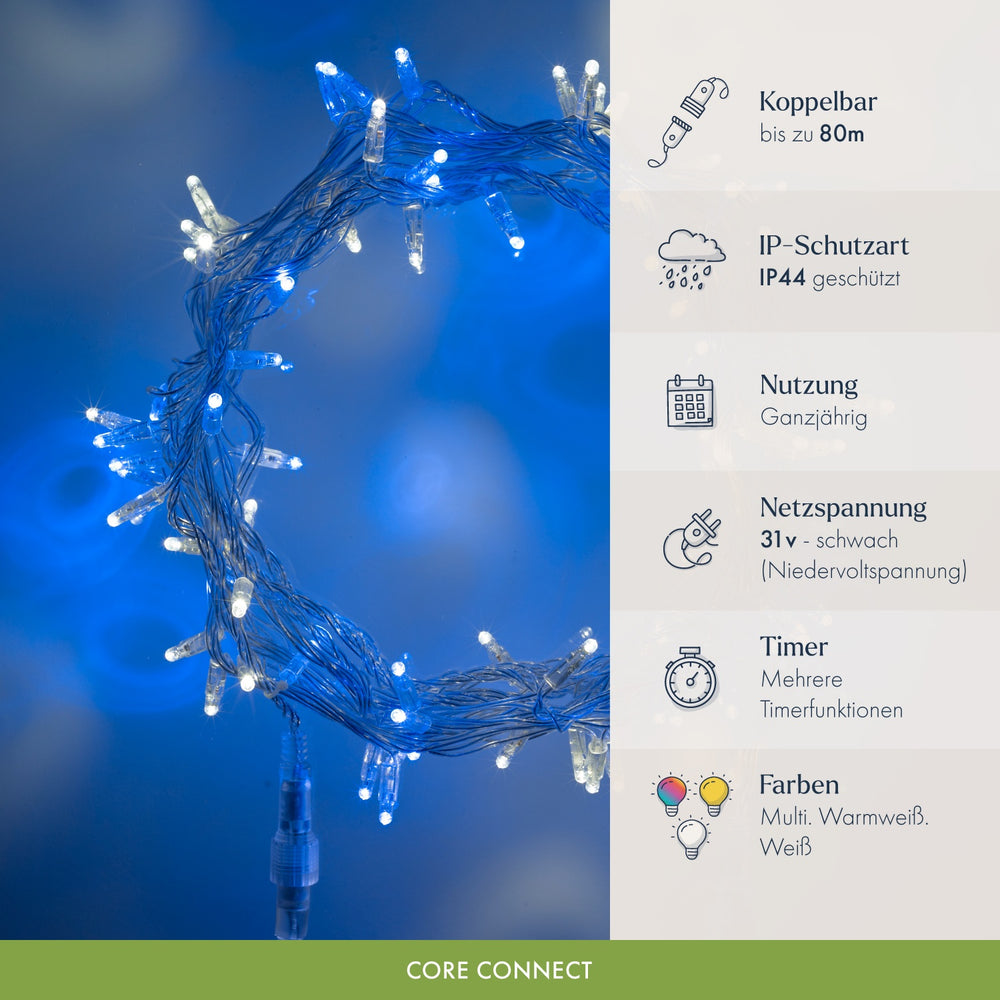 Core Connect 10m 100er LED Lichterkette blau weiß koppelbar transparentes Kabel