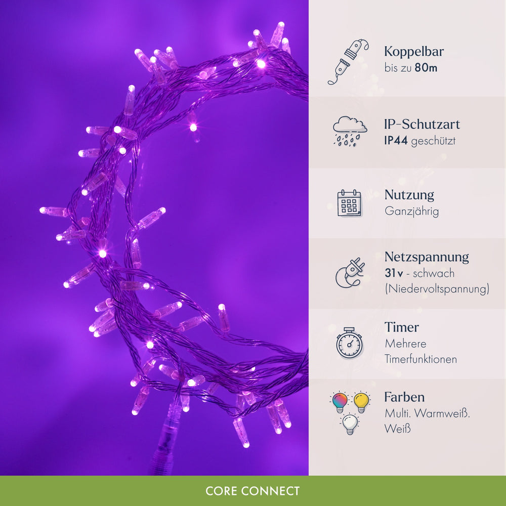 Core Connect 10m 100er LED Lichterkette lila koppelbar transparentes Kabel