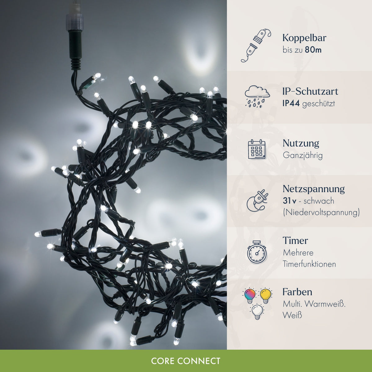 Core Connect 10m 100er LED Lichterkette weiß koppelbar grünes Kabel