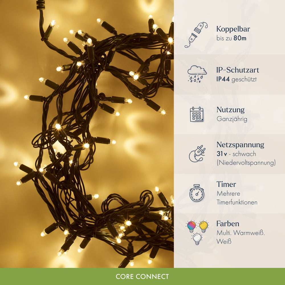 Core Connect 10m 100er LED Lichterkette warmweiß koppelbar grünes Kabel