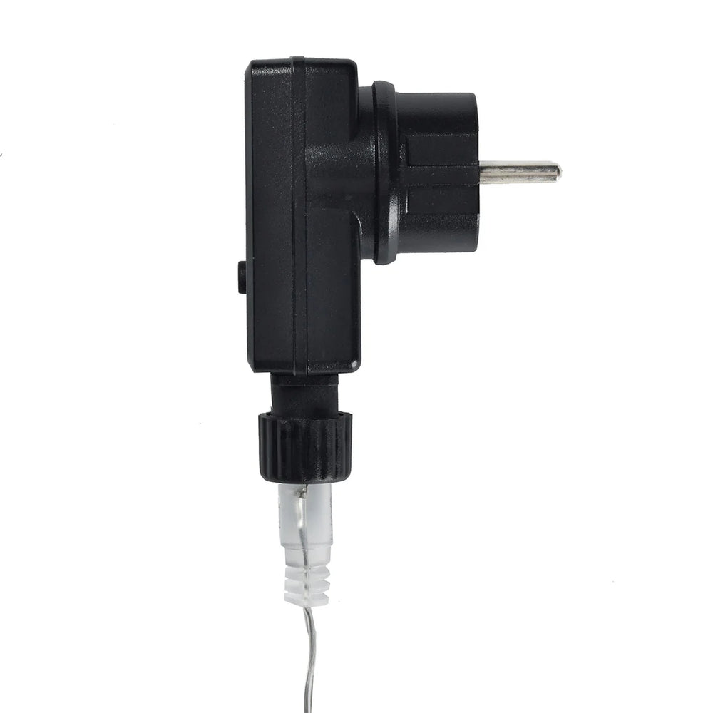 24V 6W Transformator Netzstecker mit angeschlossenem transparentem Kabel, Seitenansicht