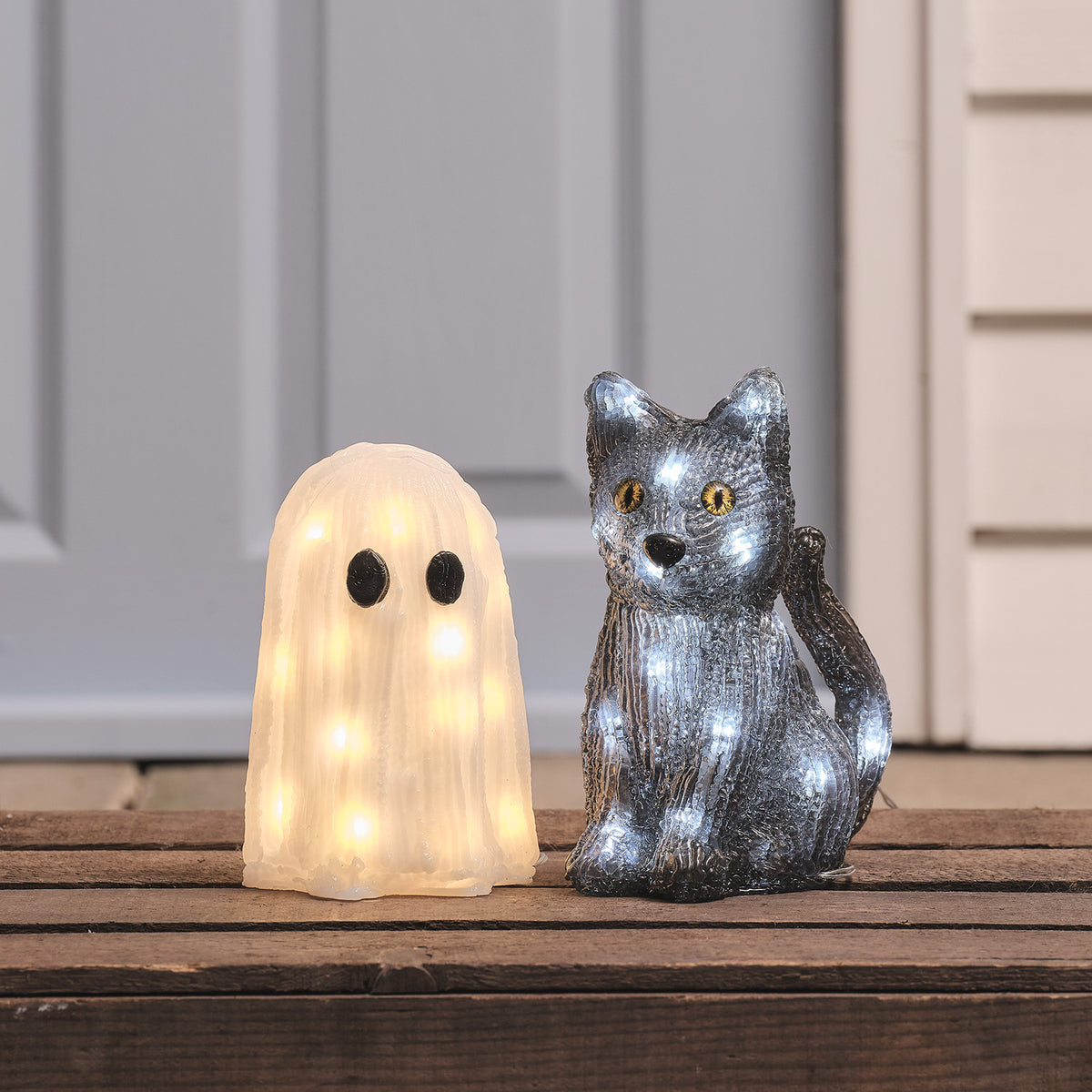 2er Set LED-Halloweenfiguren Mini-Geist & Katze "Jet" beleuchtet