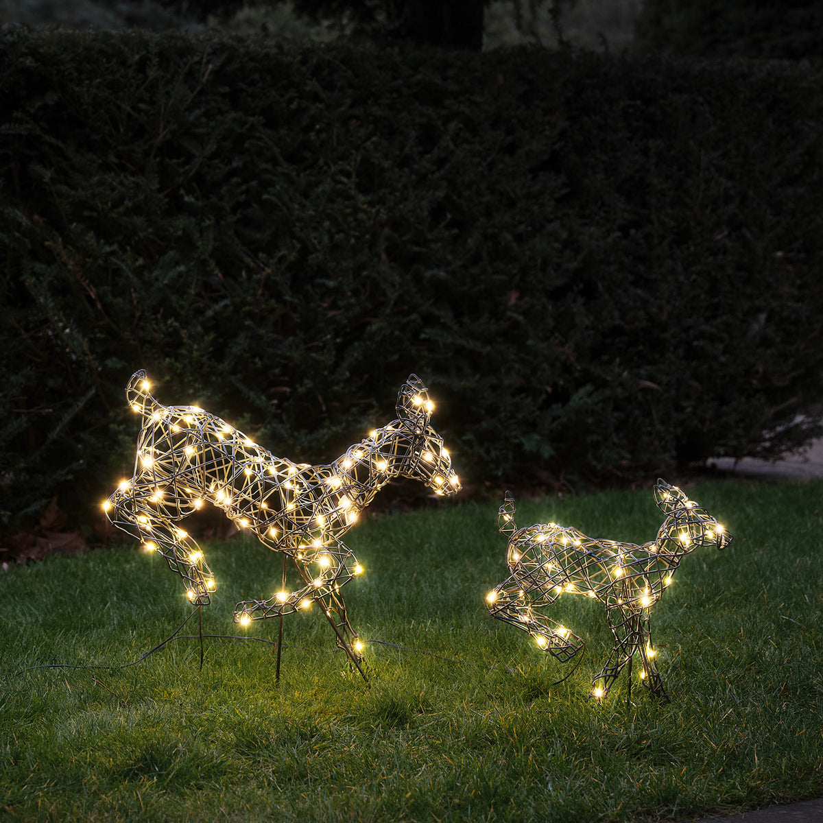 Zwei springende LED-Rentiere mit warmweißen Lichtern auf grünem Rasen bei Dämmerung