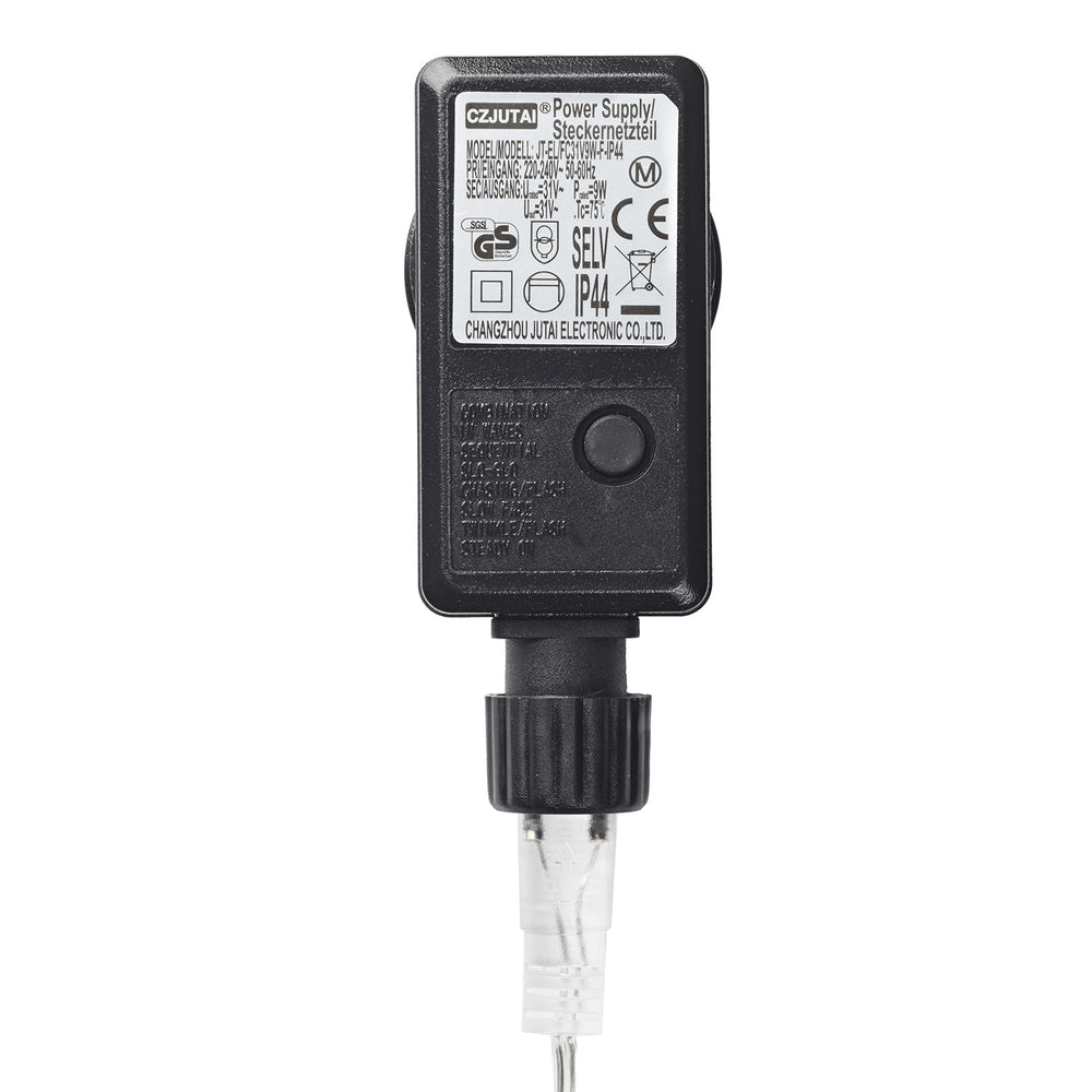 Schwarzer Essential Connect Transformator Netzstecker mit Beschriftung und Knopf von vorne
