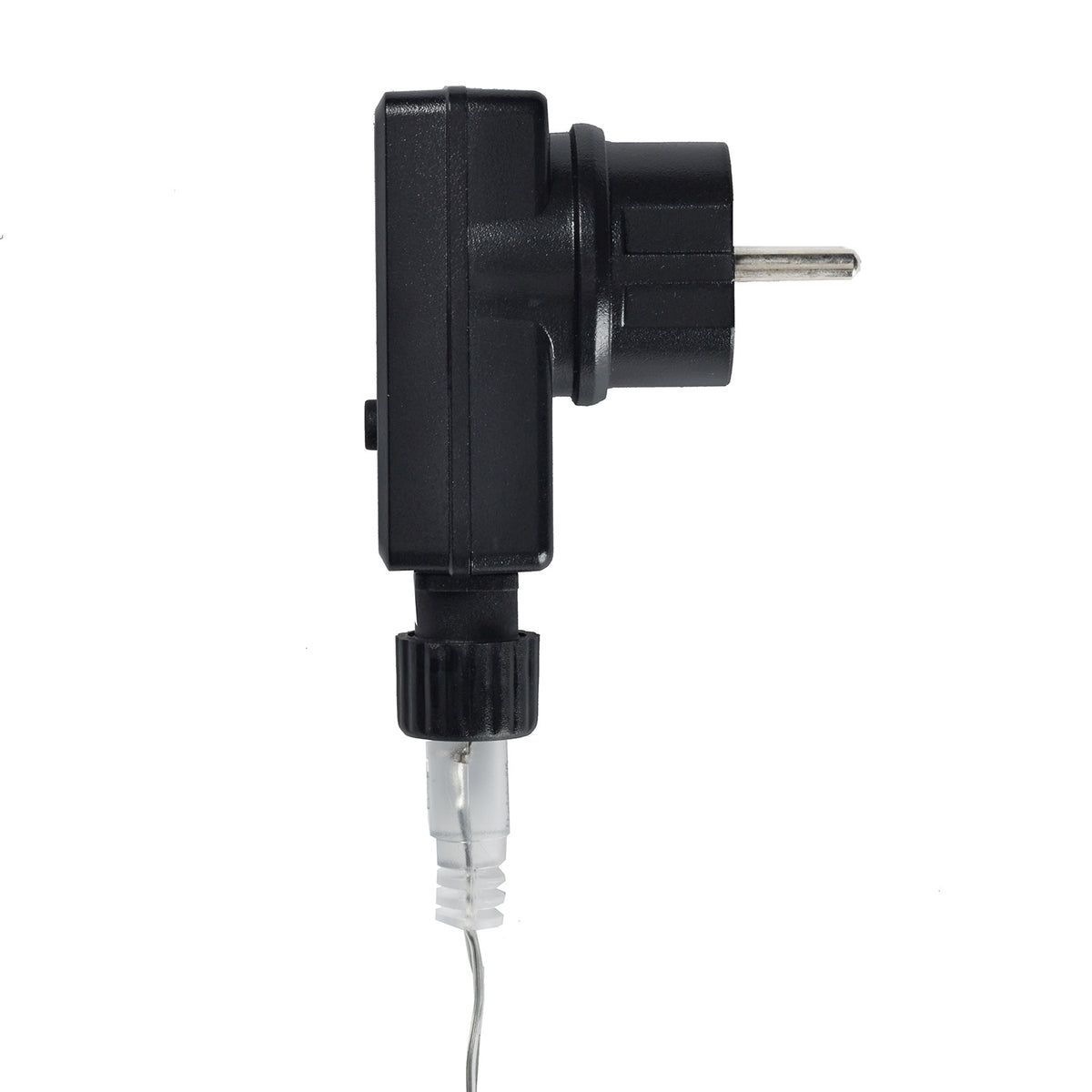 Seitliche Ansicht des schwarzen Essential Connect Transformator Netzsteckers mit transparentem Kabel