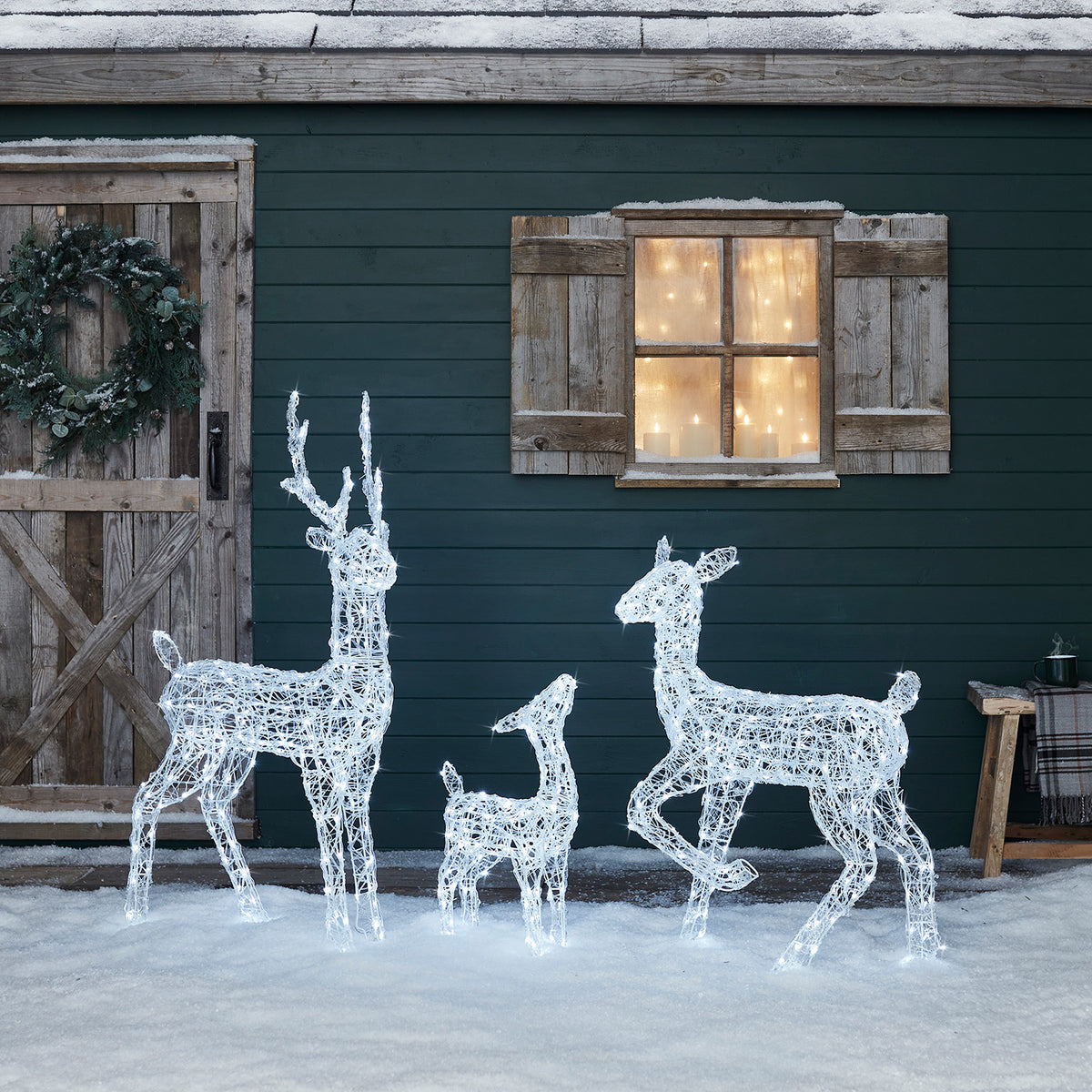 Leuchtende Acryl-Rentierfamilie mit Hirsch, Hirschkuh und Kitz vor grünem Holzhaus im Schnee