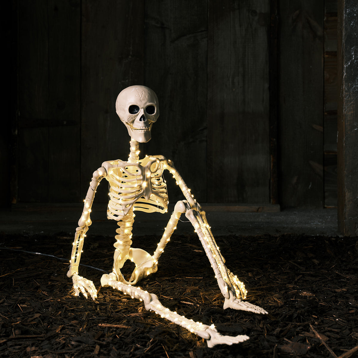 Skelett mit Micro LEDs sitzt auf Boden, hebt ein Bein, dunkler Hintergrund mit Holz