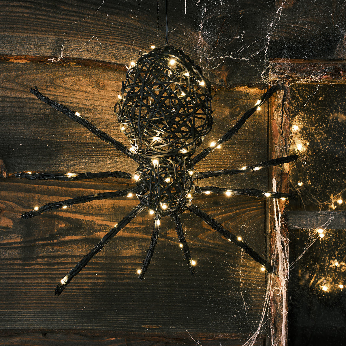 LED Rattan Spinne mit warmweißen Lichtern an dunkler Holzoberfläche mit Spinnweben