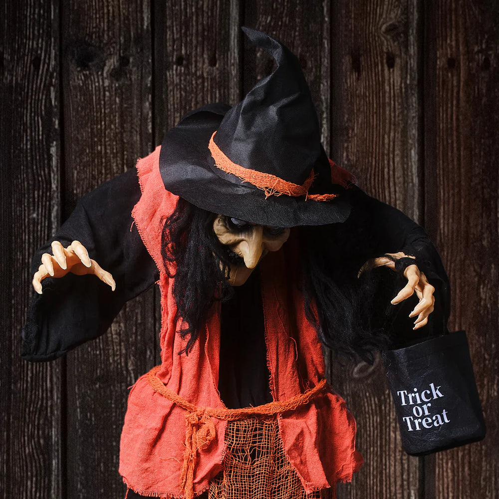 Animierte Halloween-Hexe mit schwarzem Hut, orangefarbener Robe und Trick-or-Treat-Tüte vor Holzwand