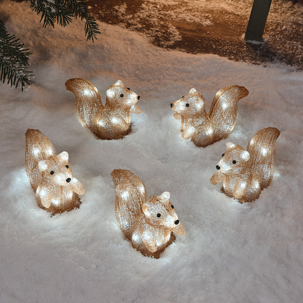 Fünf leuchtende Acryl-Eichhörnchenfiguren mit kaltweißen LEDs im Schnee