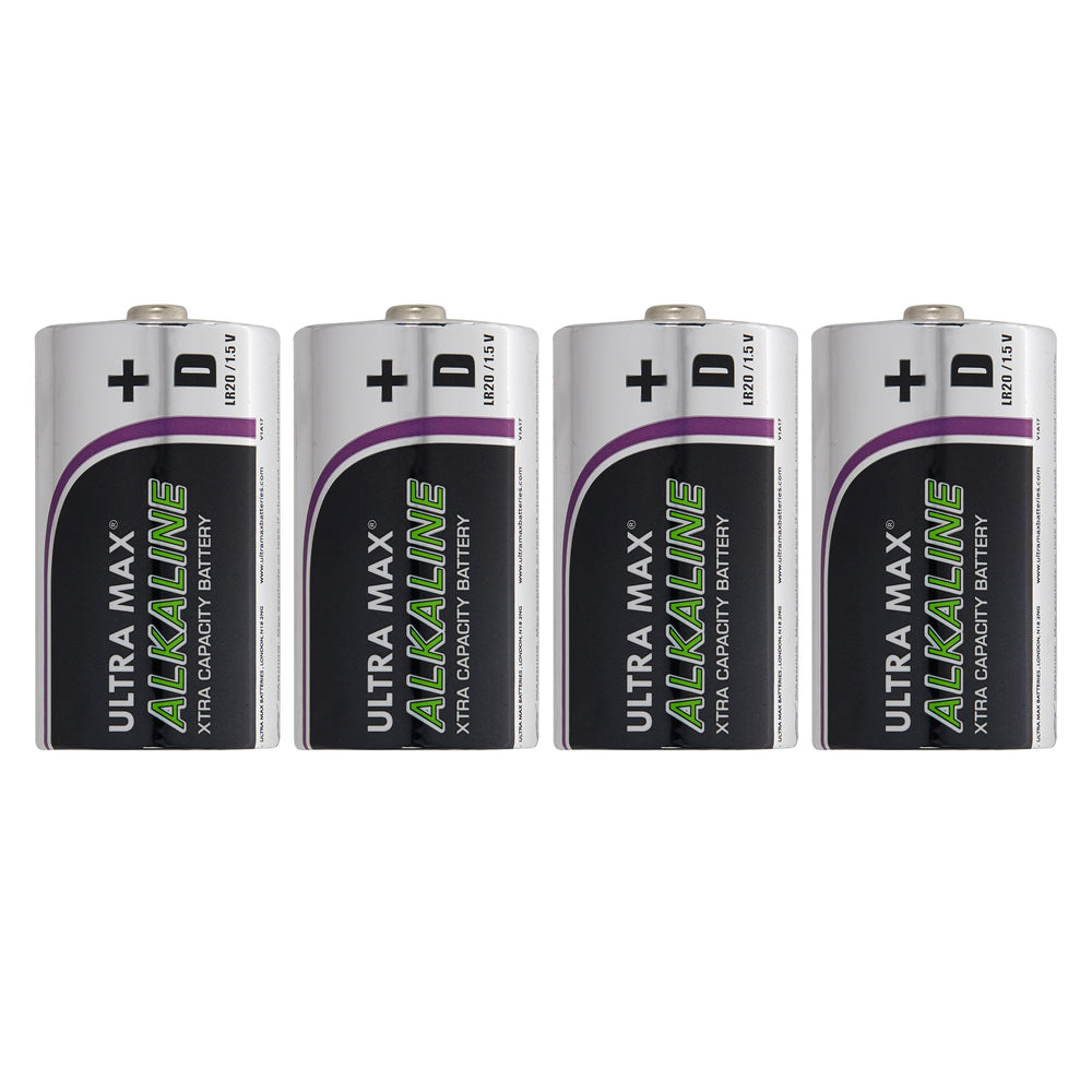 Vier D-Batterien mit silberner und schwarzer Aluminiumhülle nebeneinander stehend