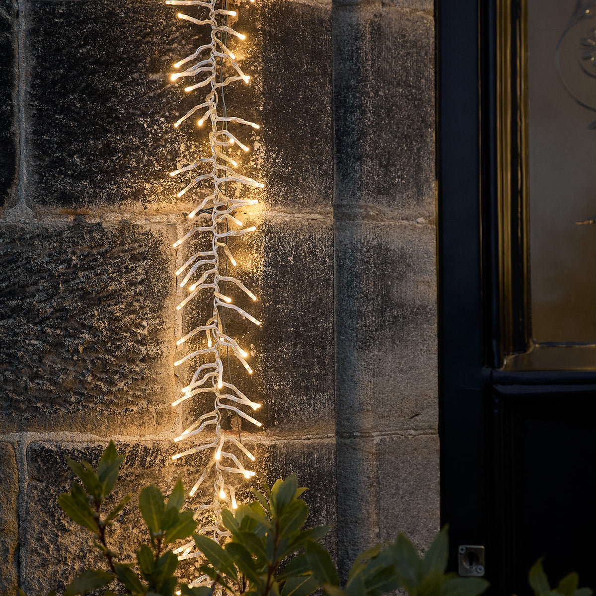 Nahaufnahme der warmweißen Bicolor LED Cluster Lichterkette an einer Hauswand neben Tür