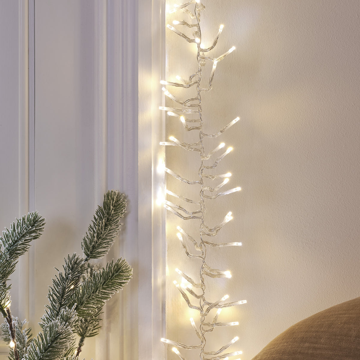 Warmweiße Bicolor LED Cluster Lichterkette an Wand neben Tannenzweigen in Nahaufnahme