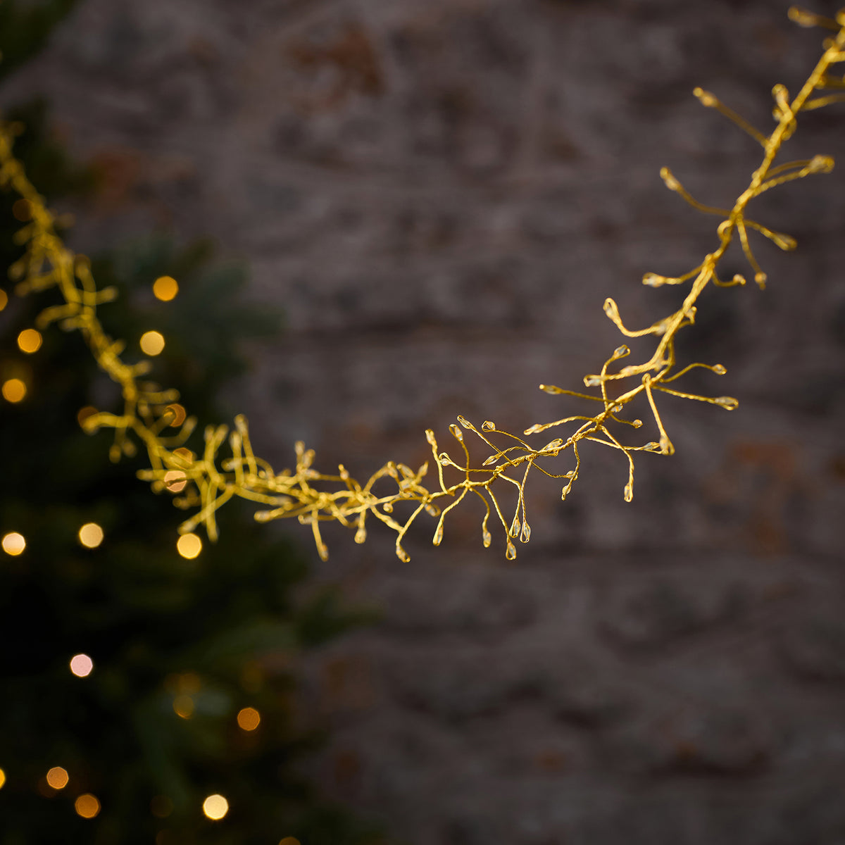 LED-Cluster-Lichterkette mit goldfarbenem Draht und warmweißen LEDs vor dunklem Hintergrund