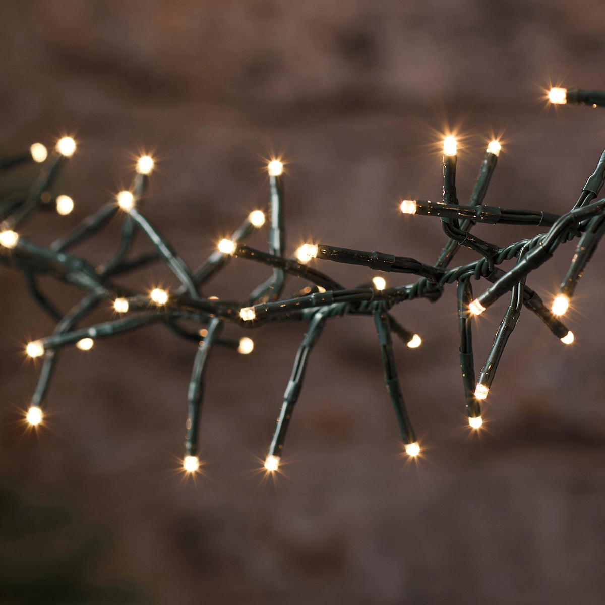 LED-Cluster-Lichterkette mit warmweißen LEDs an grünem Kabel in Nahaufnahme leuchtend