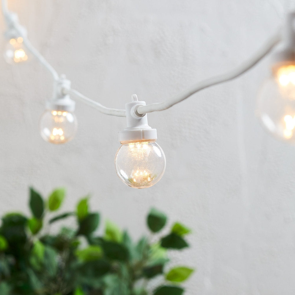 Warmweiße LED-Glühbirnen an transparenter Lichterkette mit weißem Kabel vor weißer Wand und grünen Pflanzen