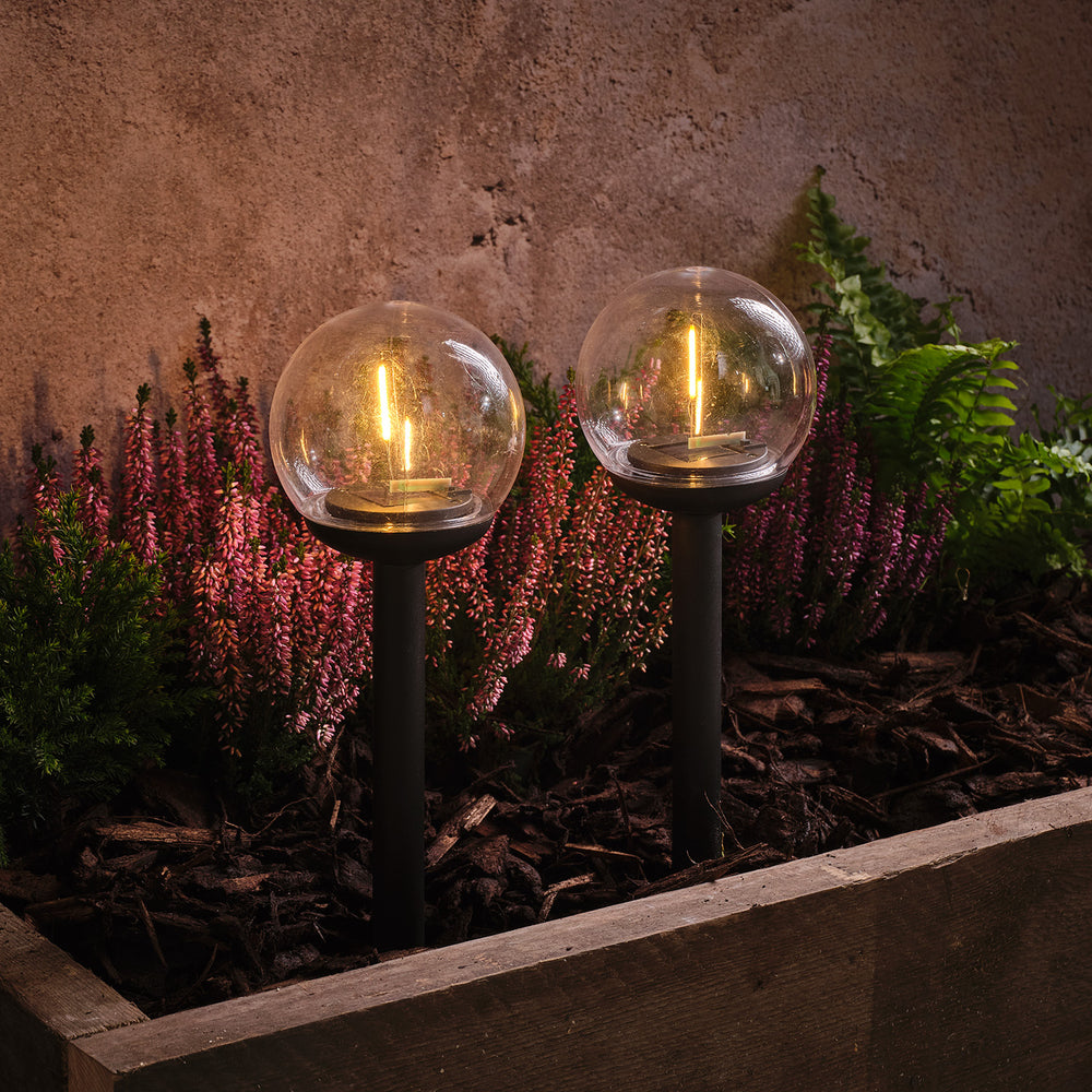 Zwei beleuchtete Solar-Gartensteckerkugeln mit Filament-Optik in einem Beet vor einer Wand