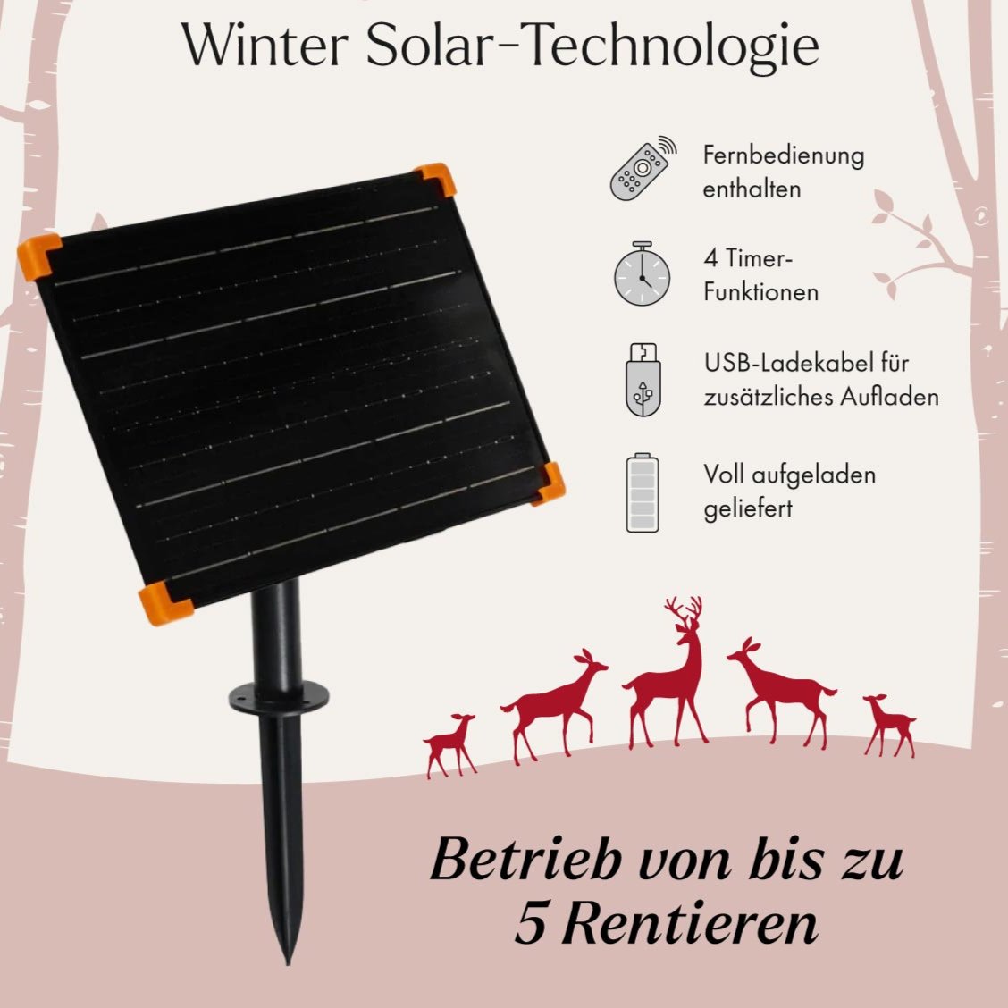 Solarpanel mit Erdspieß, USB-Ladekabel, Fernbedienung und Verbindungskabel für Solar-LED-Rentierfamilie