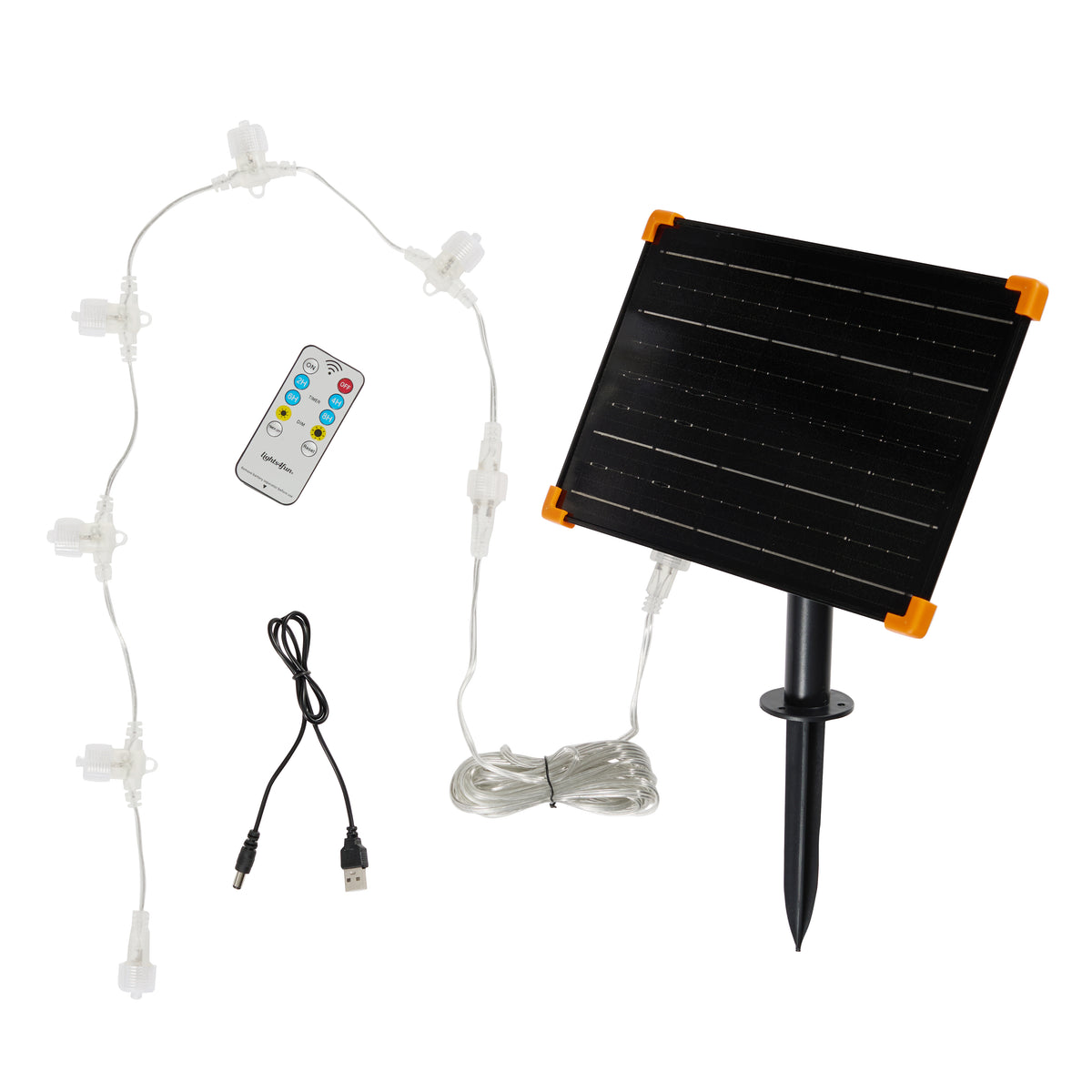 Solarpanel mit Erdspieß, Fernbedienung, USB-Ladekabel und Verbindungskabel für Solar-LED-Rentier