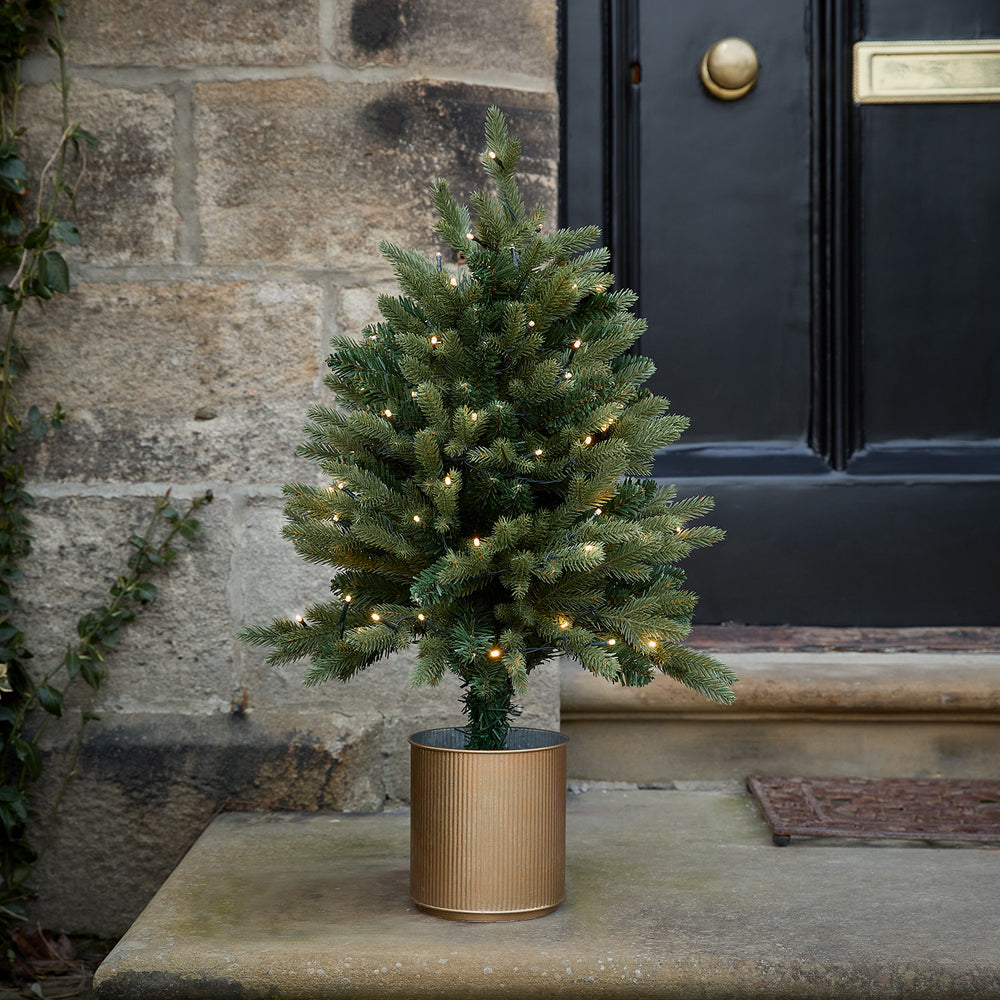 Beleuchteter 75 cm hoher Weihnachtsbaum im goldenen Topf vor einer Steinwand und schwarzer Tür