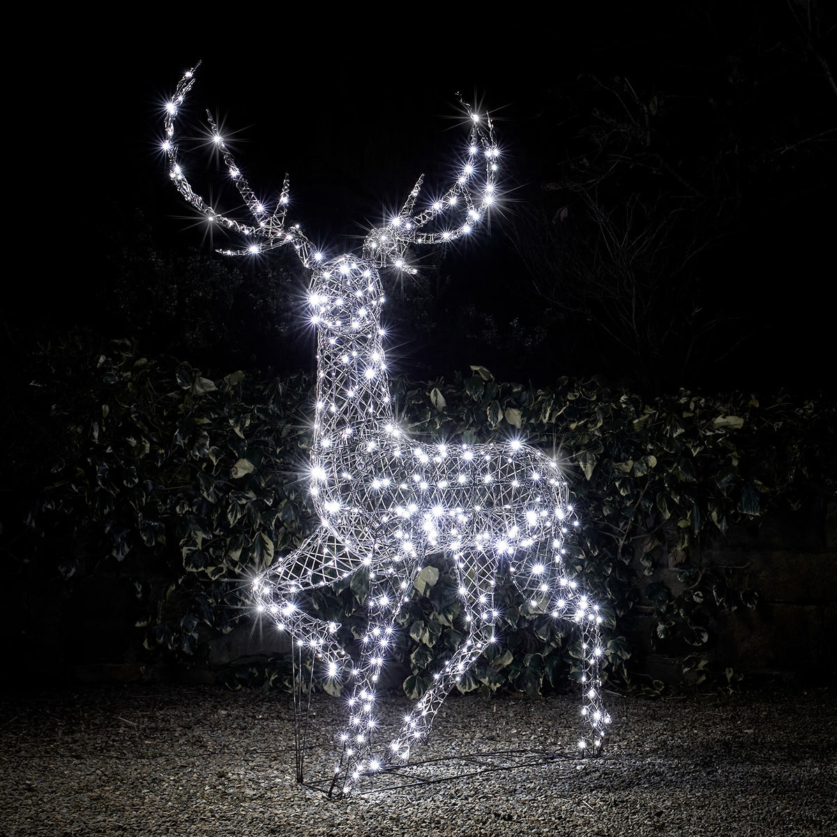 Großer Rentier-Dekohirsch mit weißen LEDs in Rattan-Optik bei Nacht
