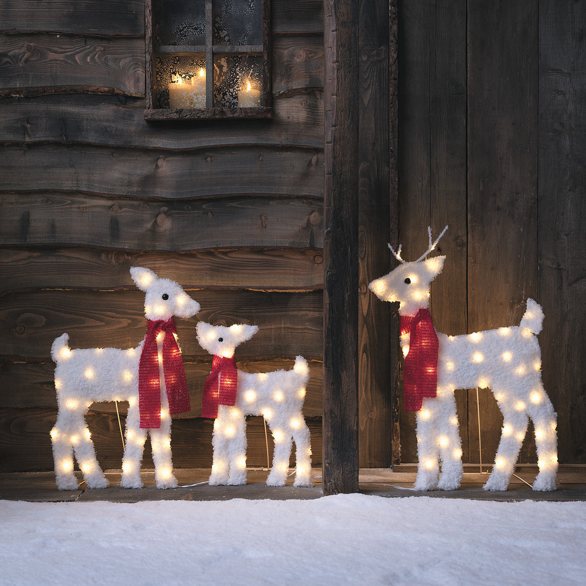 Drei beleuchtete 2D LED-Rentiere mit rotem Schal vor dunkler Holzwand im Schnee