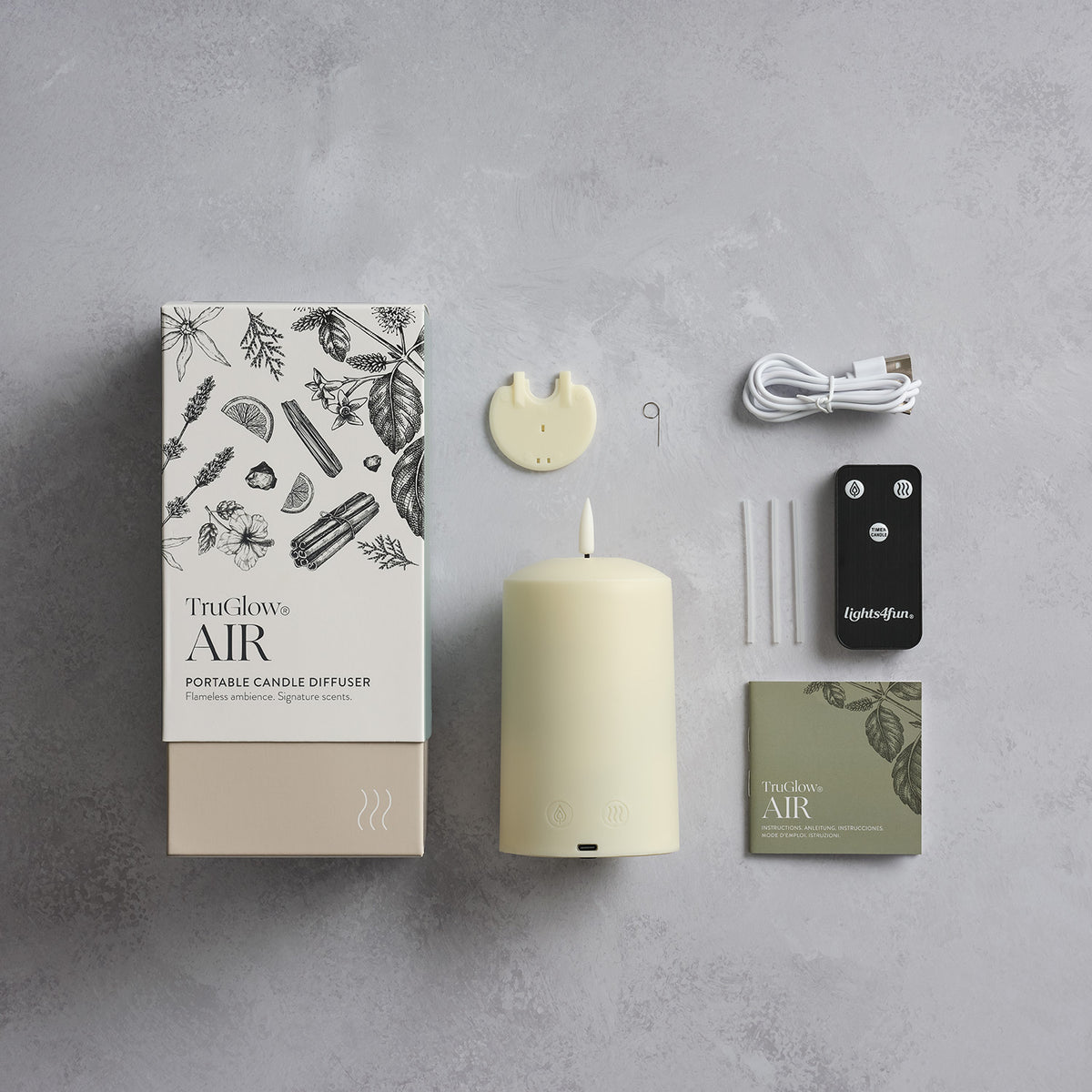 TruGlow AIR LED-Kerzen-Diffusor Set mit Verpackung, Fernbedienung, USB-Kabel und Anleitung