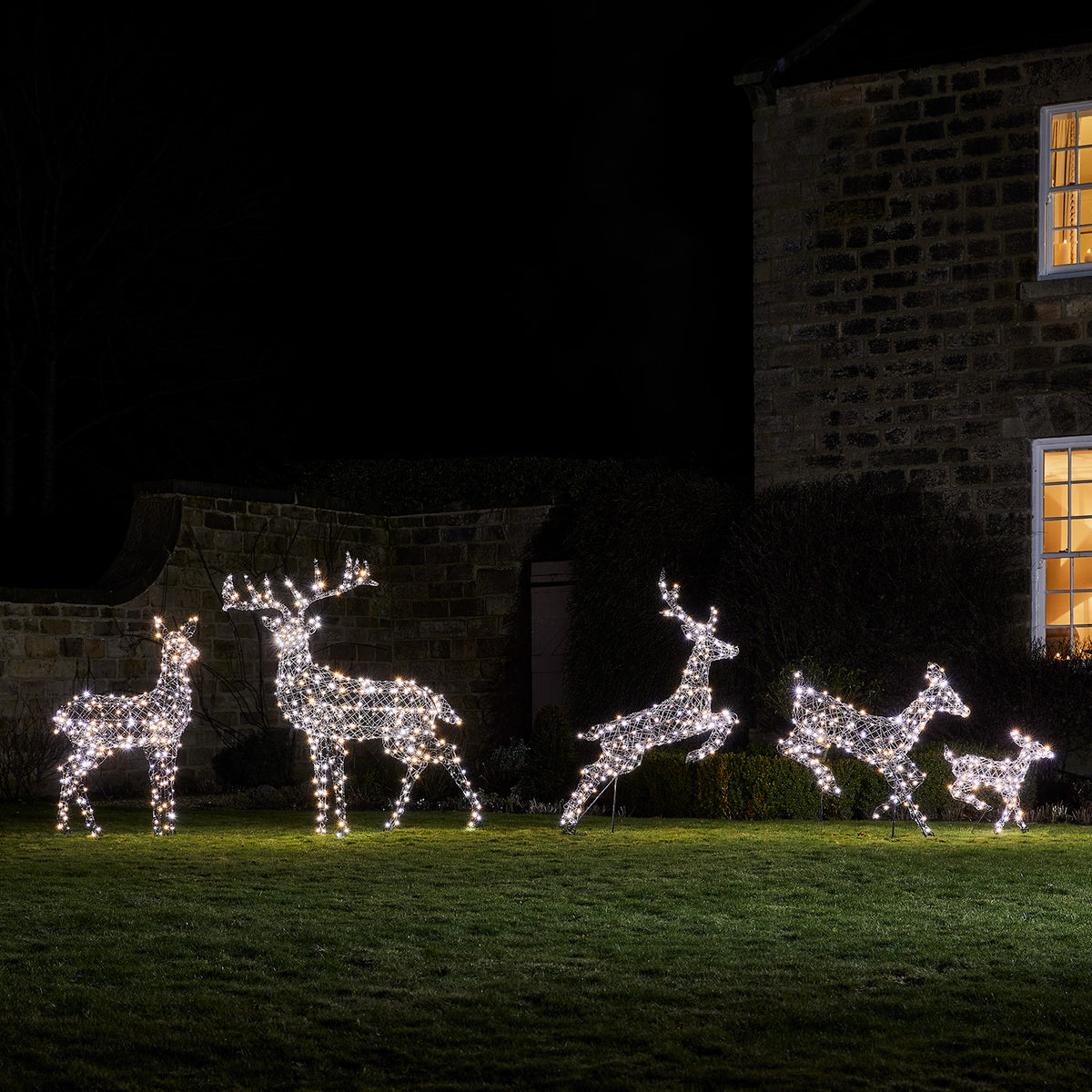 LED-Rentier Hirschkuh und LED-Rentier mit Geweih im Garten mit kaltweißem Licht vor Haus