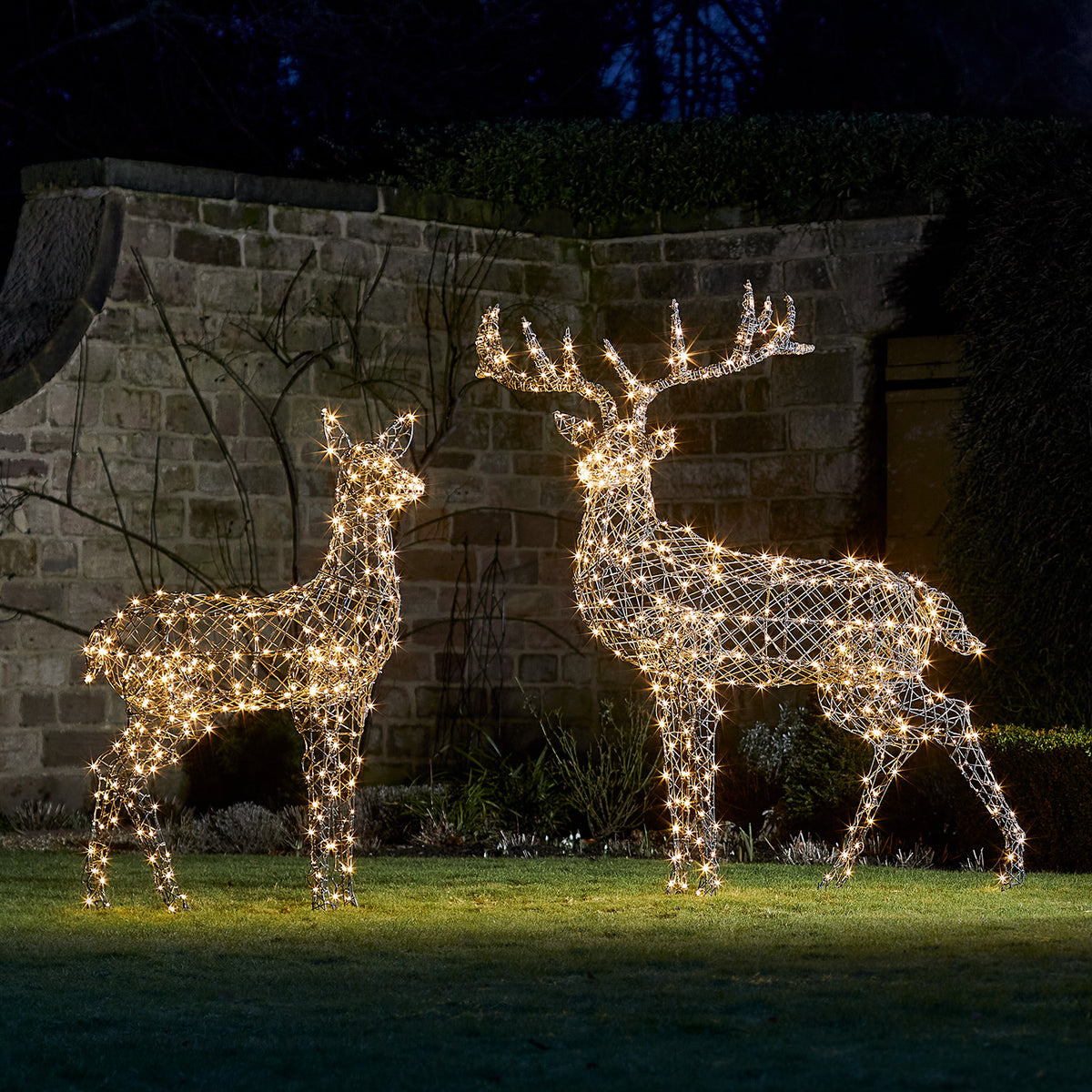LED-Rentierpaar mit warmweiß leuchtenden Lichtern vor einer Steinmauer im Garten bei Nacht