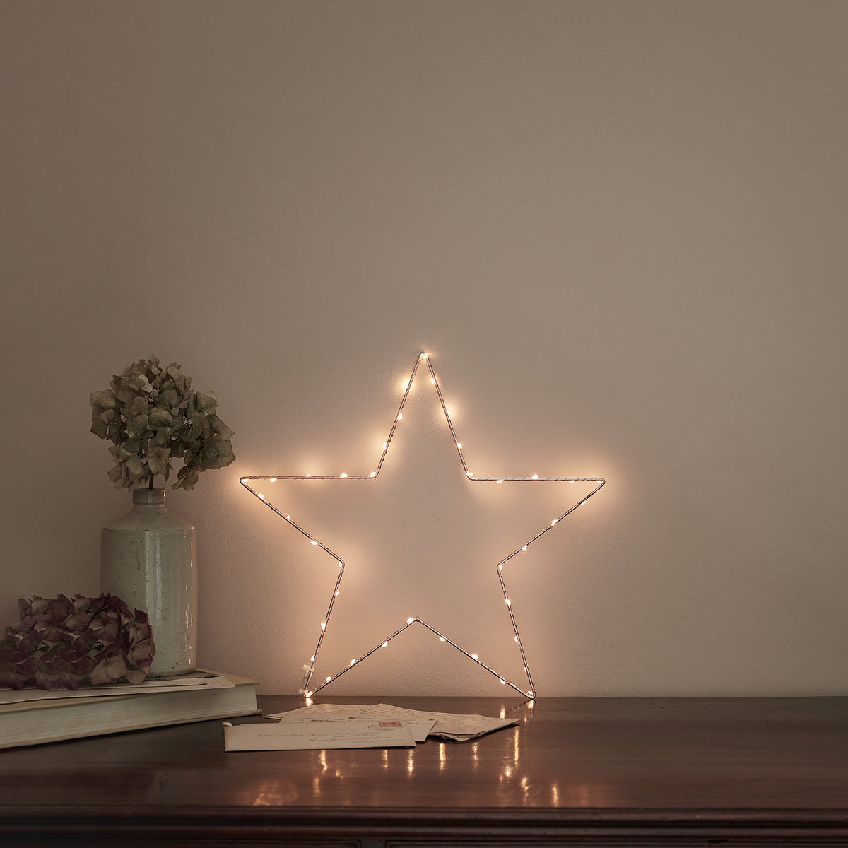 Leuchtender LED-Stern in Roségold vor grauer Wand mit getrockneten Blumen in Vase