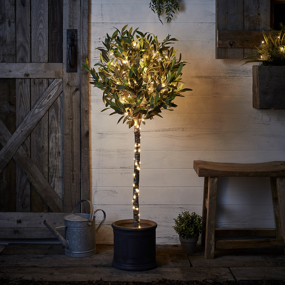 Micro Lichterkette mit warmweißen LEDs um einen kleinen Baumstamm und Blätter gewickelt