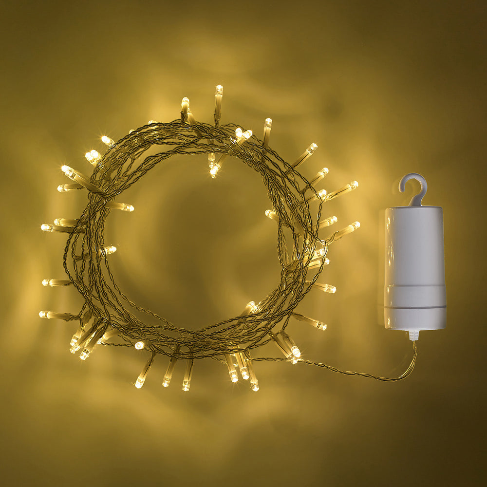 50er LED Batterie Lichterkette Außen warmweiß transparentes Kabel