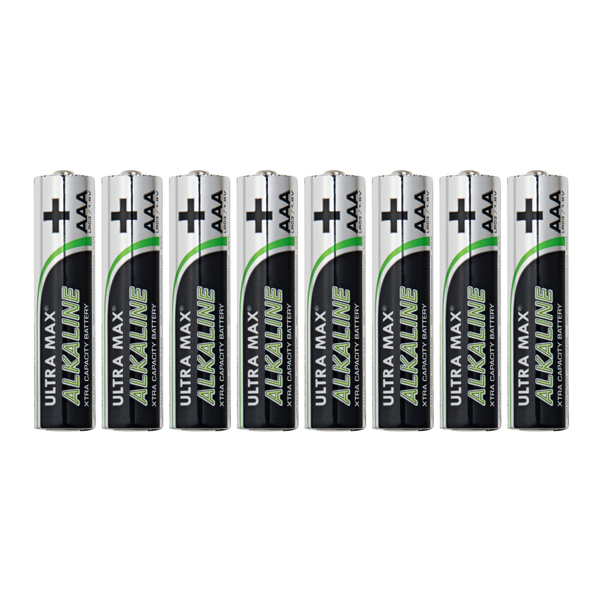Acht AAA Alkaline Batterien 1,5V in einer Reihe stehend