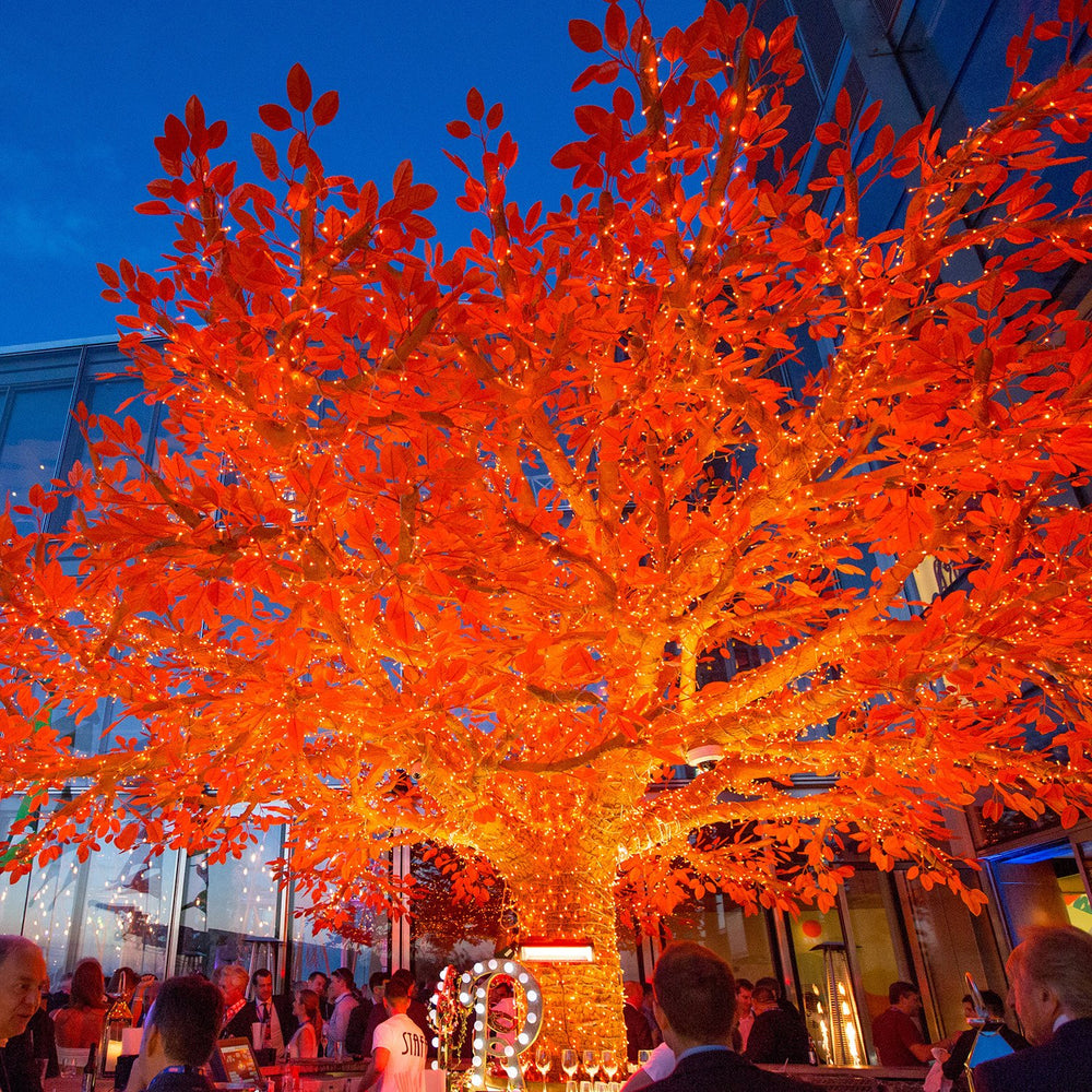 Orangener Baum mit LED-Lichterkette beleuchtet, Menschen sitzen darunter bei Abendveranstaltung