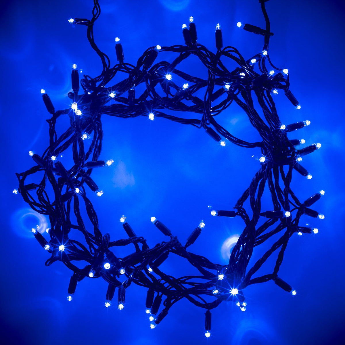 Blaue LED Lichterkette mit grünem Kabel in lockerer Kreisform auf blauem Hintergrund