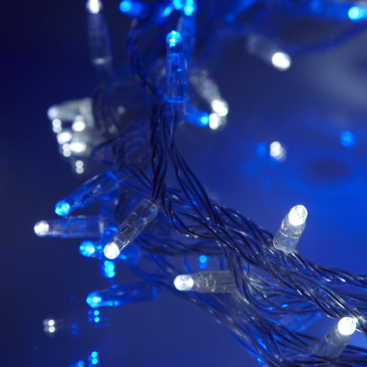 Detailaufnahme einzelner blauer und weißer LED-Leuchten der Core Connect Lichterkette