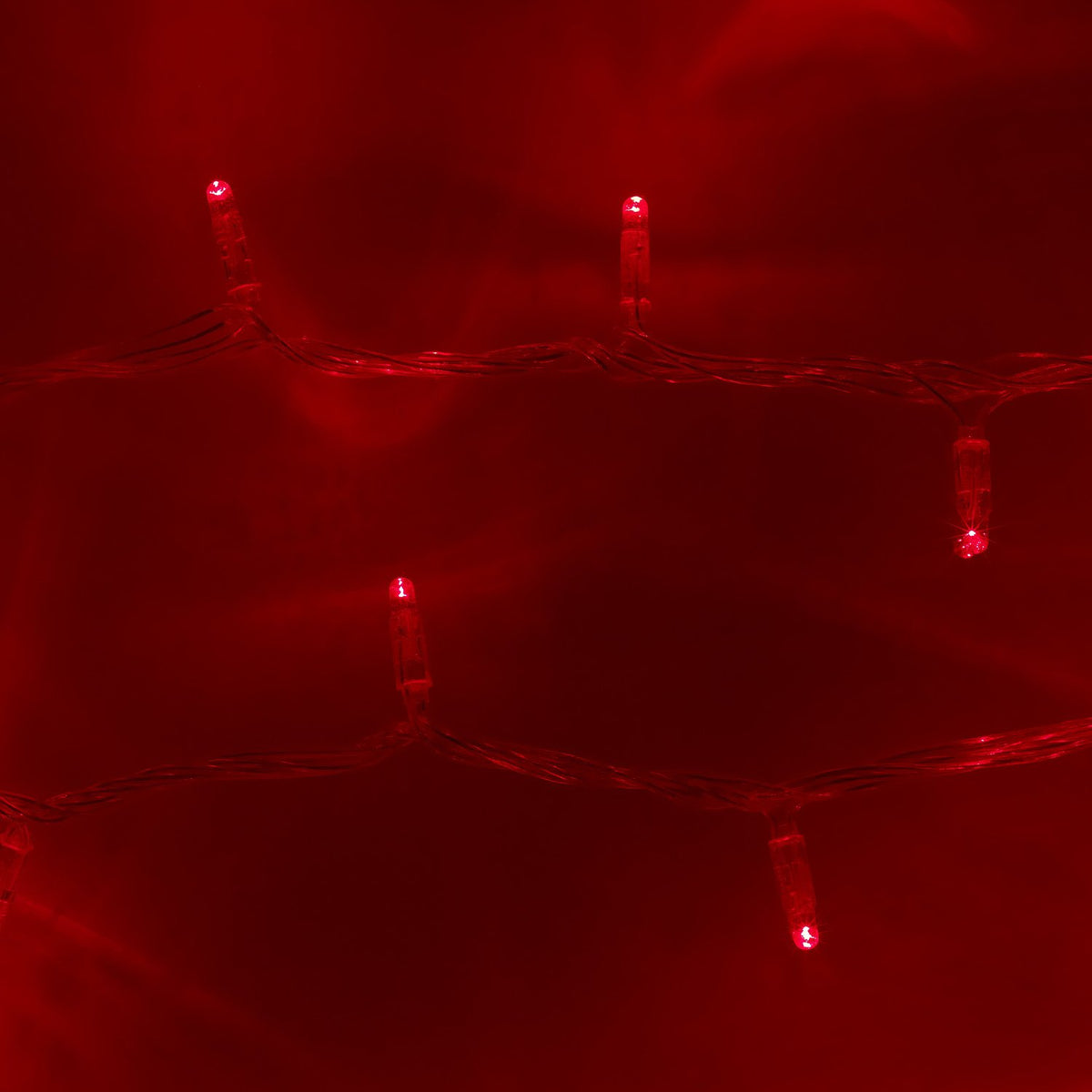 Nahaufnahme roter LED-Lichter an transparentem Kabel auf rotem Hintergrund