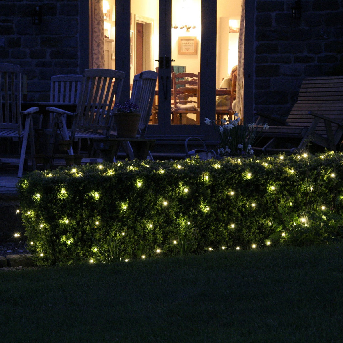 Lichternetz mit warmweißen LEDs beleuchtet eine niedrige Hecke vor einem Haus mit beleuchteten Fenstern