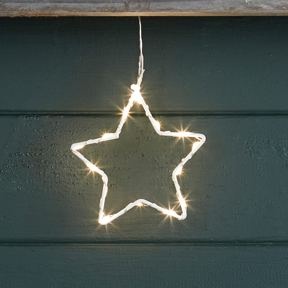 Nahaufnahme eines einzelnen LED-Sterns mit warmweißen Micro-LEDs an einer grünen Wand