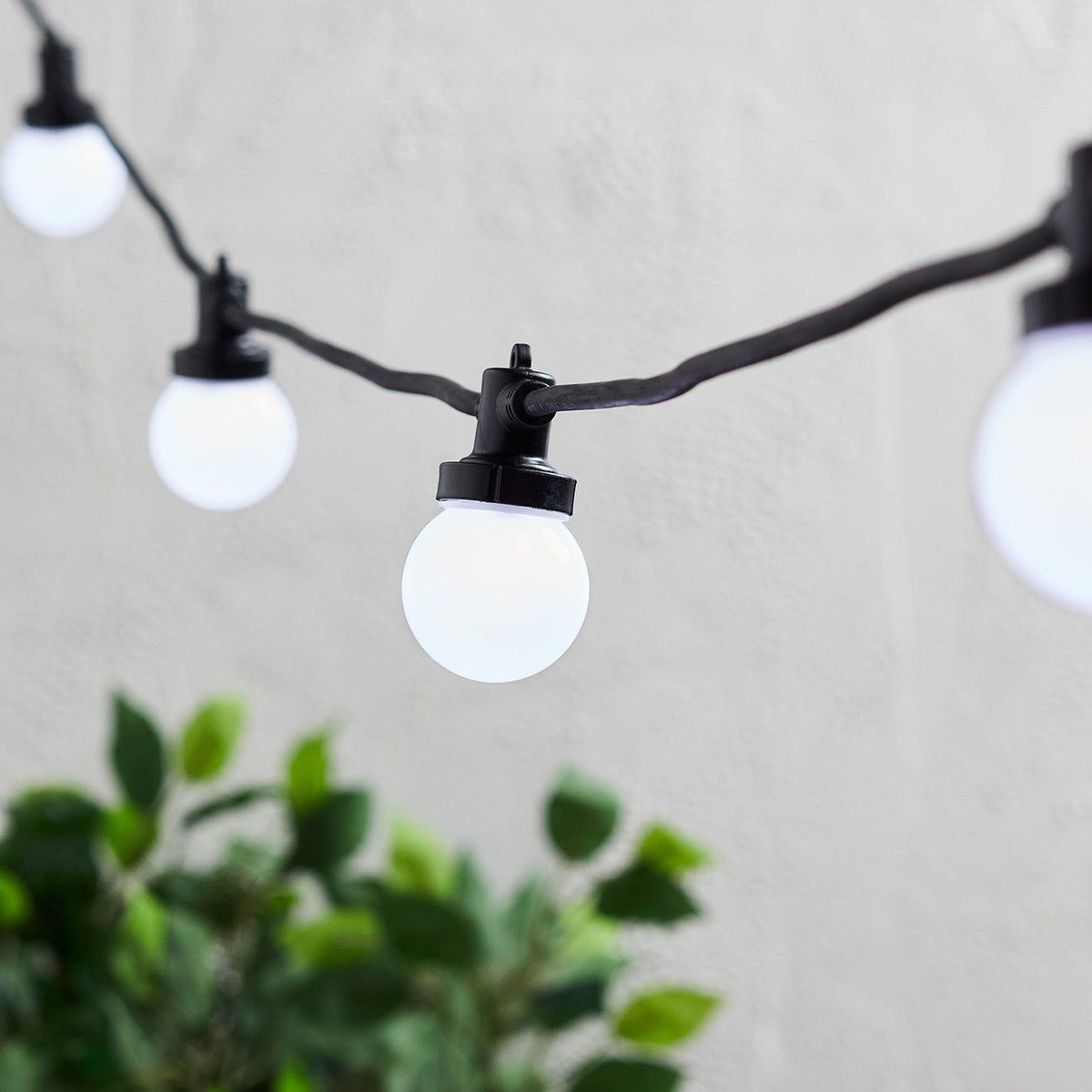 Nahaufnahme einer weißen LED-Glühbirne an schwarzem Kabel der Pro Connect Lichterkette