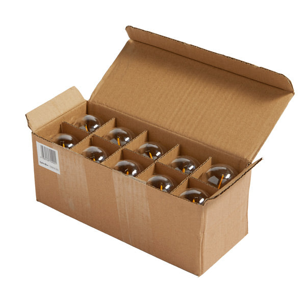 Offene Kartonverpackung mit zehn warmweißen E27 Ersatzbirnen von oben fotografiert