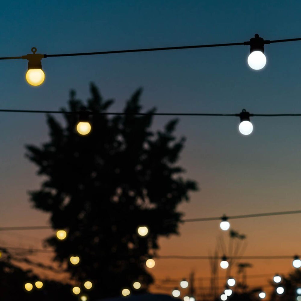 Mehrere orange und weiße LED-Glühbirnen an einer Lichterkette vor einem Baum bei Sonnenuntergang