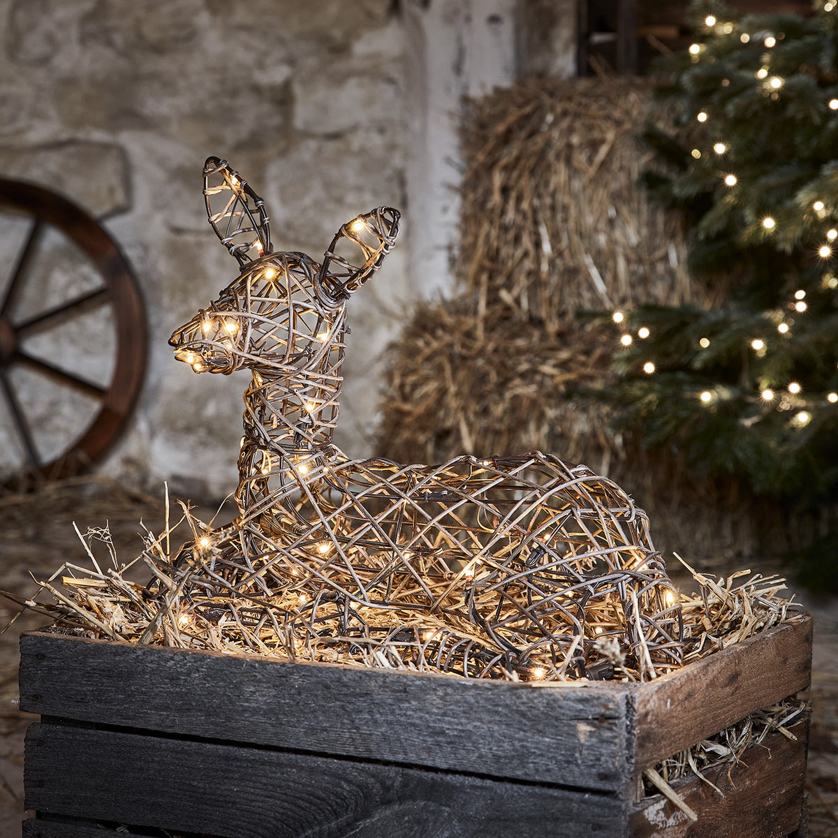 Nahaufnahme LED-Rentier Rehkitz in Holzkiste neben Weihnachtsbaum mit Lichtern